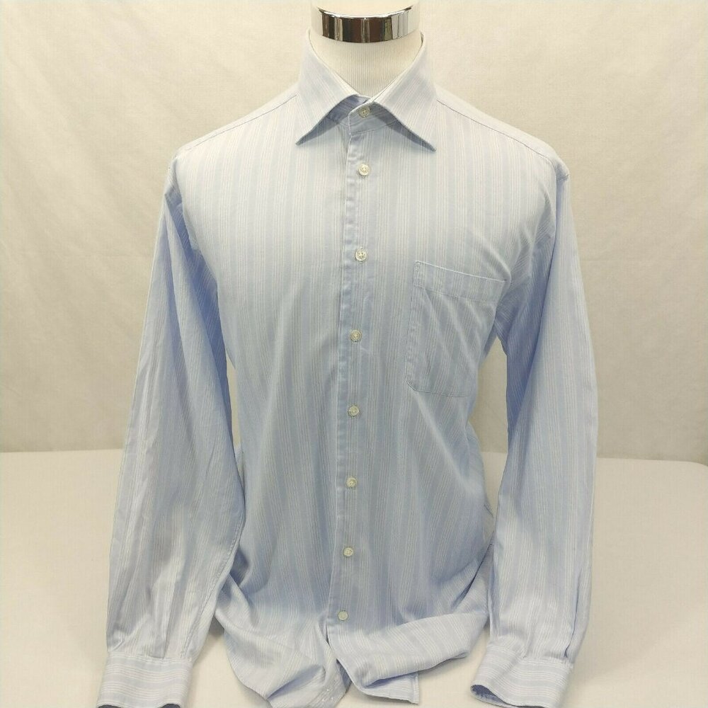 Nautica Blue Striped Cool Cotton Long Sleeve Button Front Pocket Shirt Mens 16